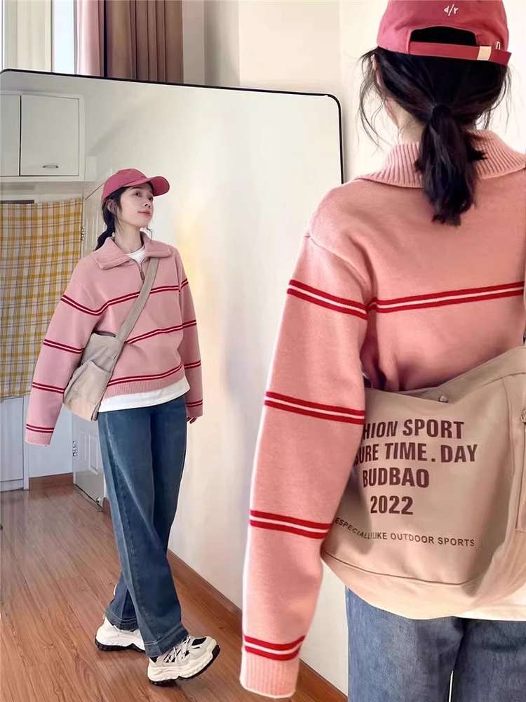 ピンクコーデ ストライプ柄ハーフジップニットセーター