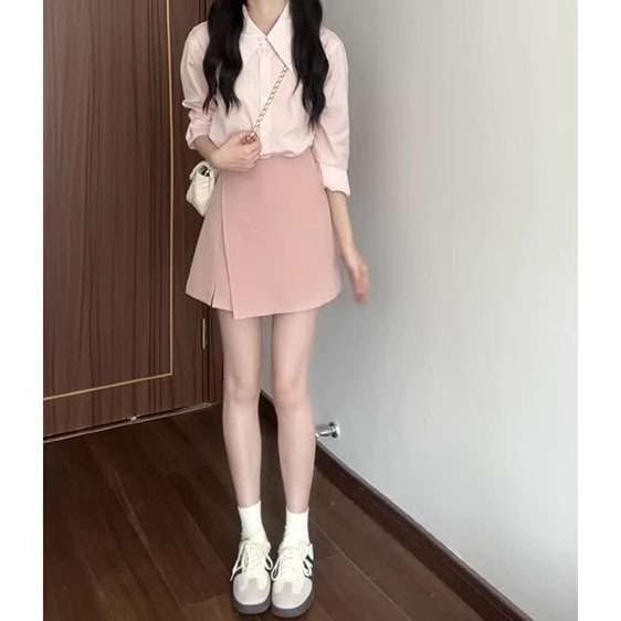 ピンクコーデ フロントラップのタイトミニピンクスカート