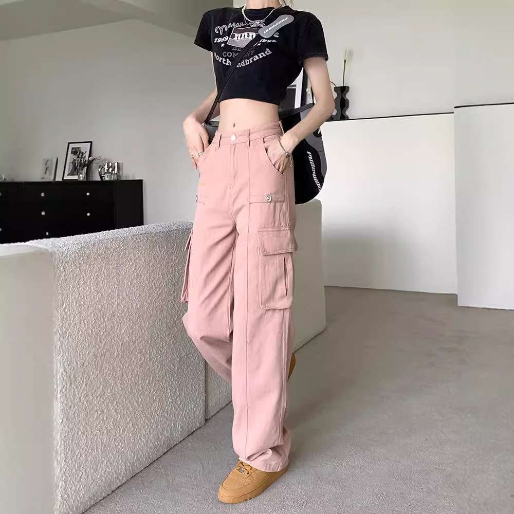 ピンクコーデ カーゴパンツ レディース ミリタリー ハイウエスト くすみカラー スタイルアップ ワイドパンツ