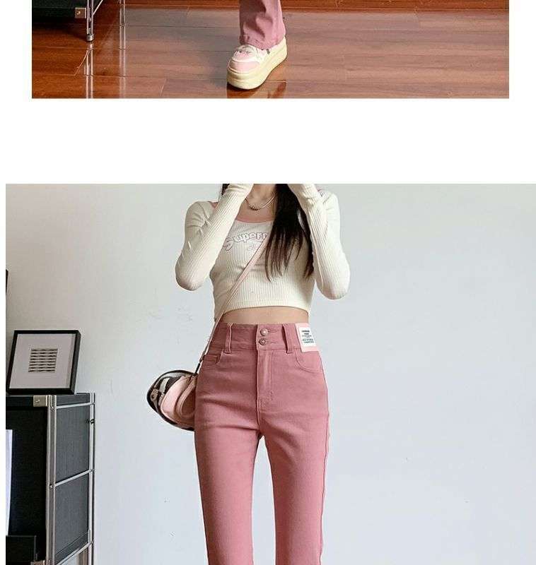 ピンクコーデ ハイウエストフレア ピンクパンツ 脚長効果 カジュアル きれいめ レッドピンク 上品 着回し力◎