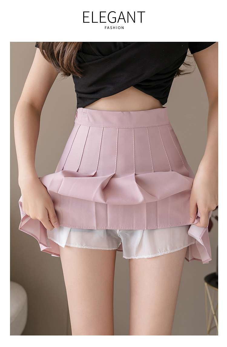 ピンクコーデ プリーツミニピンクスカート ハイウエストAライン