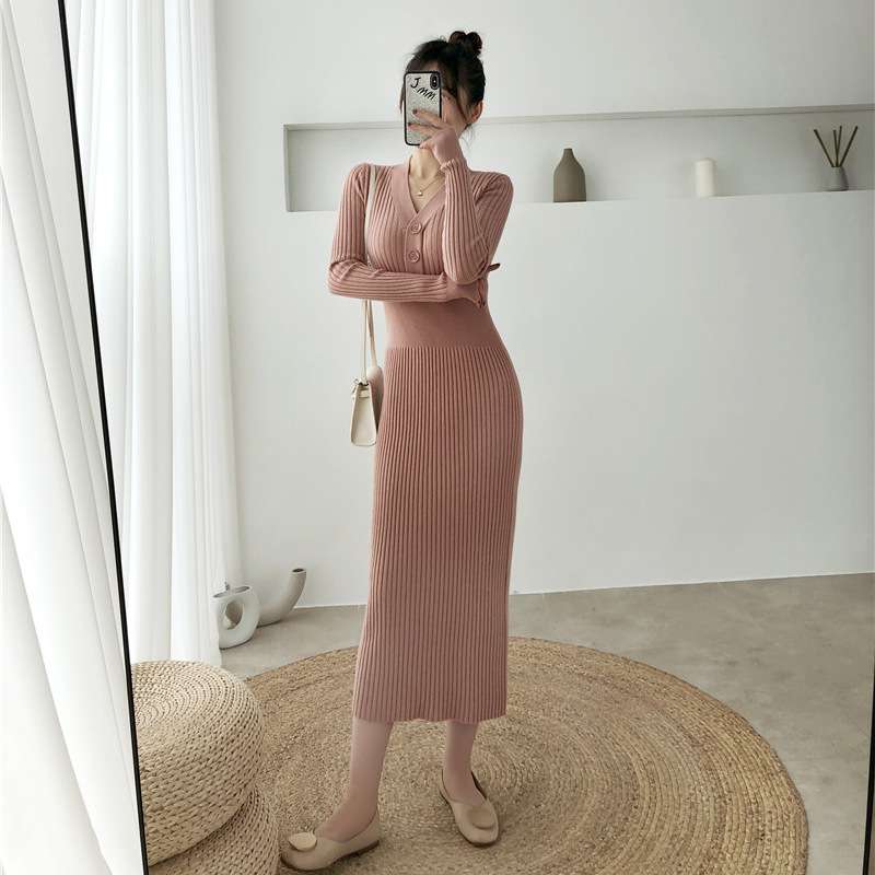 ピンクコーデ リブニット タイト ニットワンピ ひざ下 ロング 長袖 秋冬ワンピース エレガント 女性 着やせ ピンクワンピース ピンクコーデ