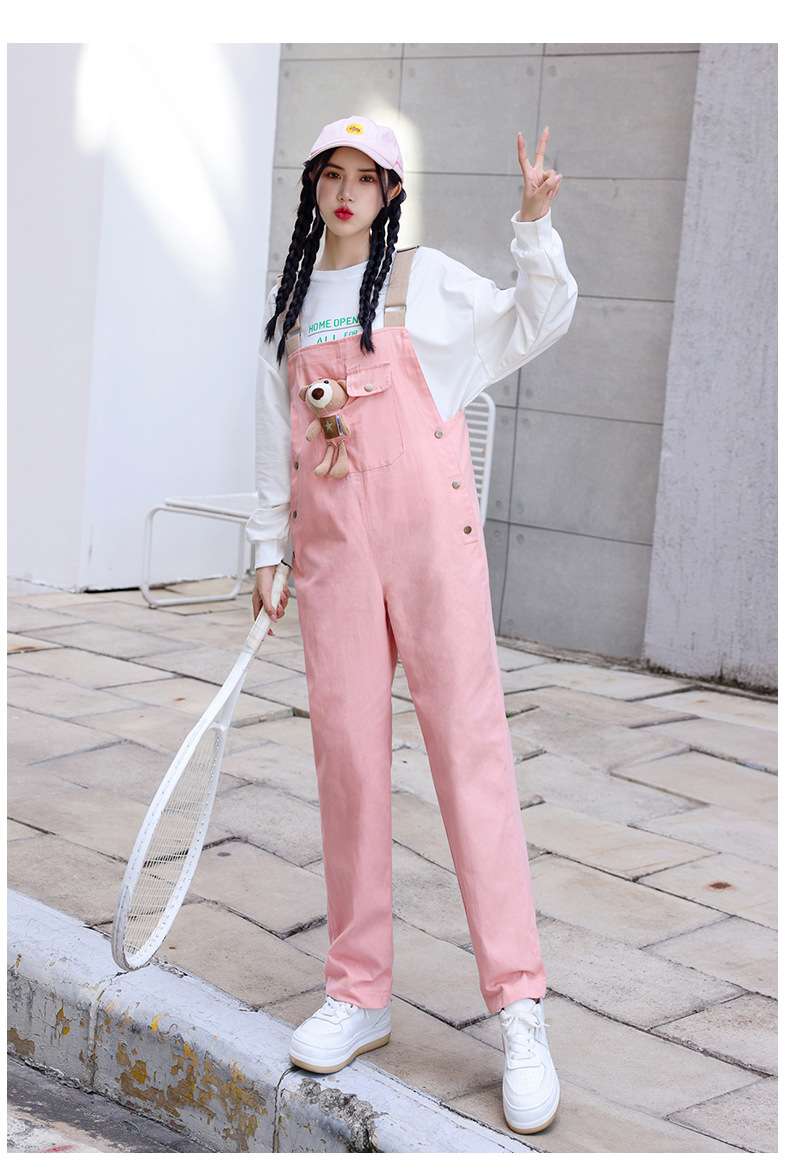 ピンクコーデ ゆったりオーバーオール風サロペットピンクパンツ