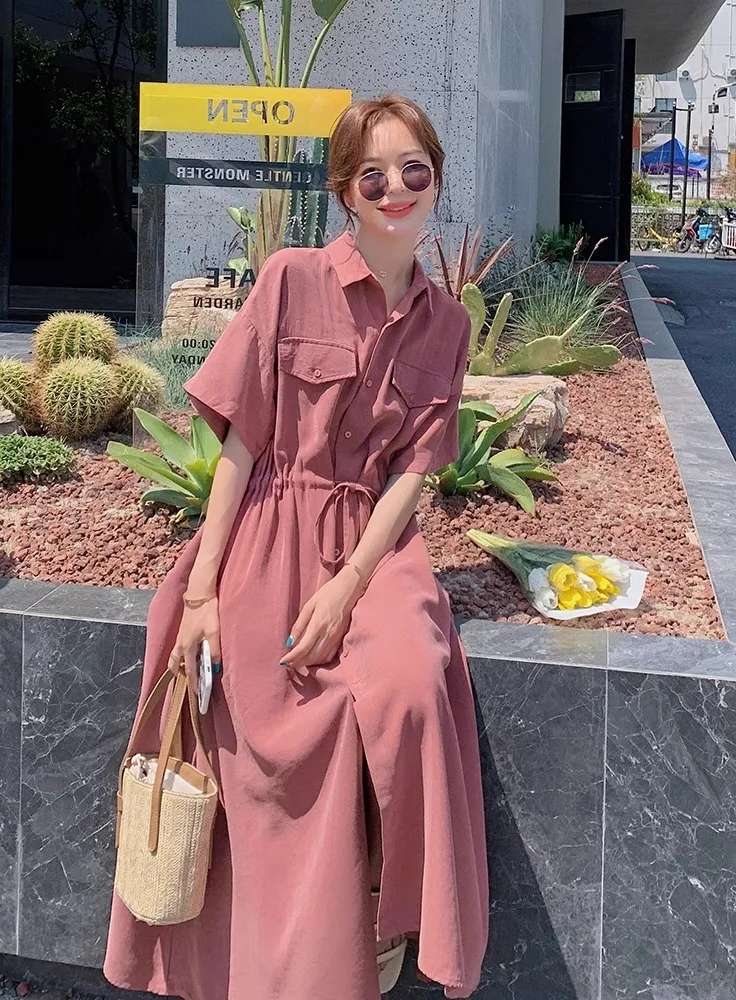 ピンクコーデ シャツカラーマキシピンクワンピース