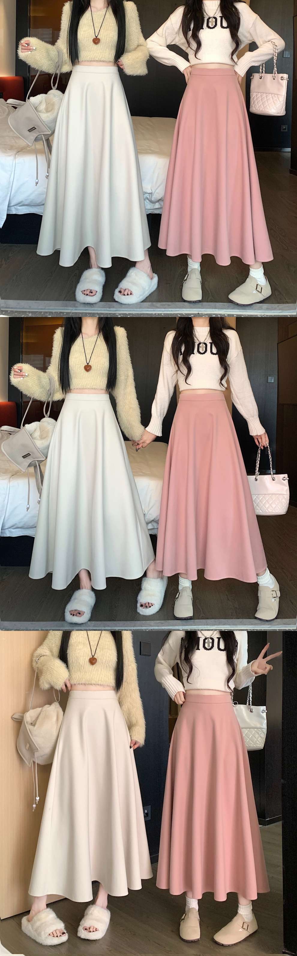 ピンクコーデ ふんわり ロング フレア ピンクスカート