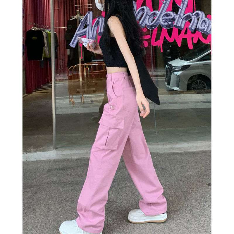 ピンクコーデ ゆったり カーゴパンツ ダンス ストリート カジュアル ハイウエスト ワイド ピンクパンツ