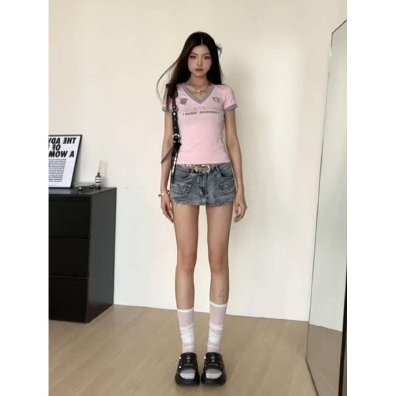 ピンクコーデ フィット感抜群 Vネック半袖Tシャツ