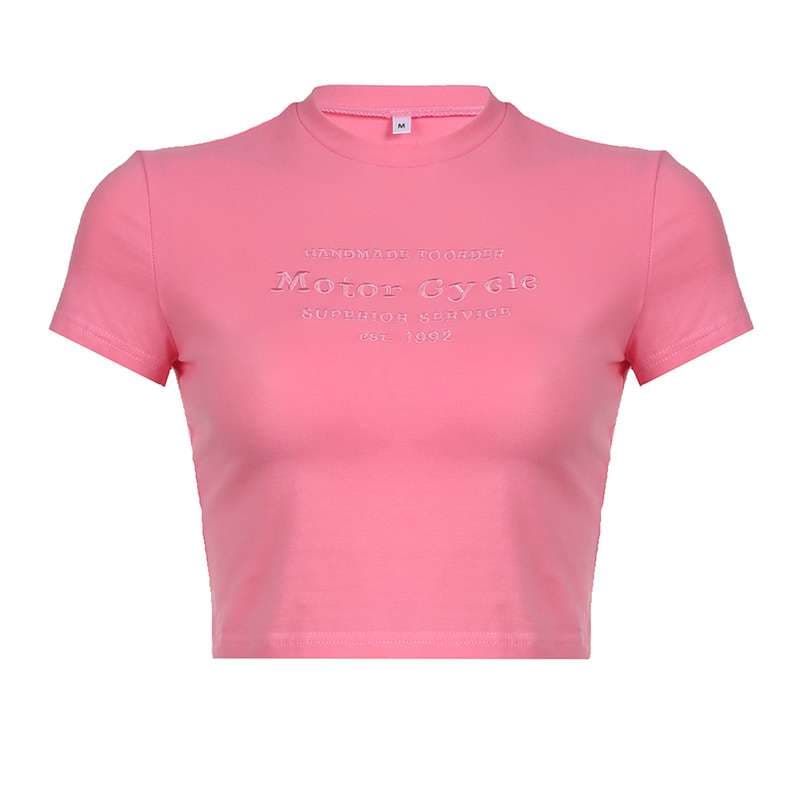 ピンクコーデ モーターサイクル刺繍入りクロップドTシャツ