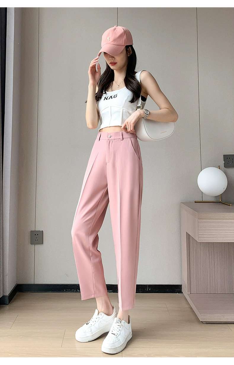 ピンクコーデ ハイウエストテーパードスラックスのピンクパンツ