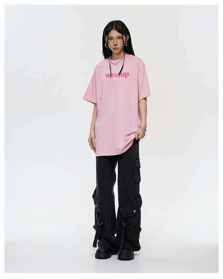 ピンクコーデ ゆったりストリート系プリントTシャツ