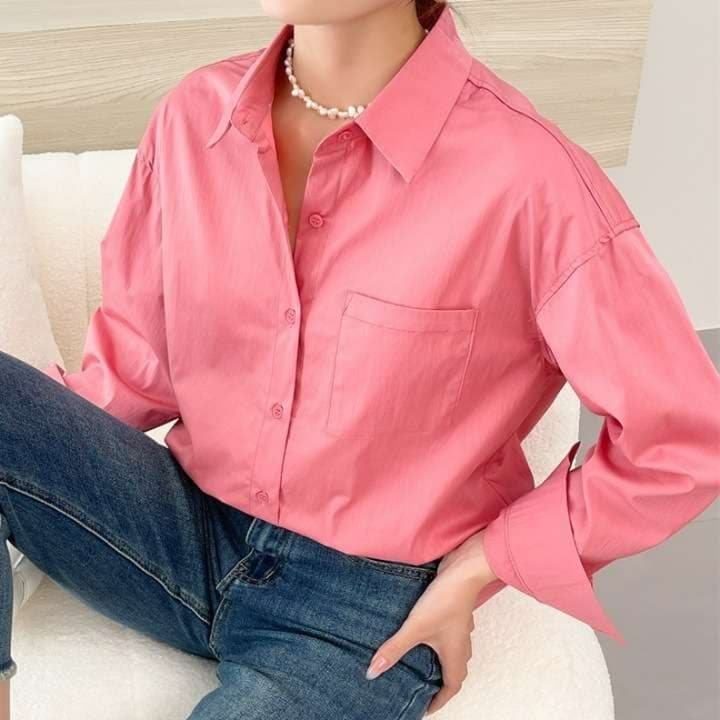 ピンクコーデ ゆったりシルエット オーバーサイズ きれいめ 華やか 着心地 おしゃれ 長め ピンクシャツ