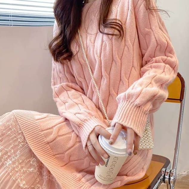 ピンクコーデ ふんわり フェミニン ケーブル編み ニット 長袖 秋冬 ゆったり リブニット ピンクワンピース 体型カバー 着心地抜群 ピンクコーデ