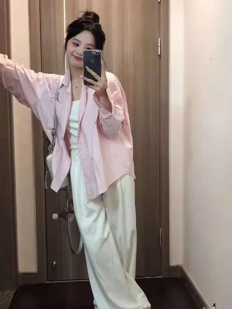 ピンクコーデ オーバーサイズ シアーシャツ